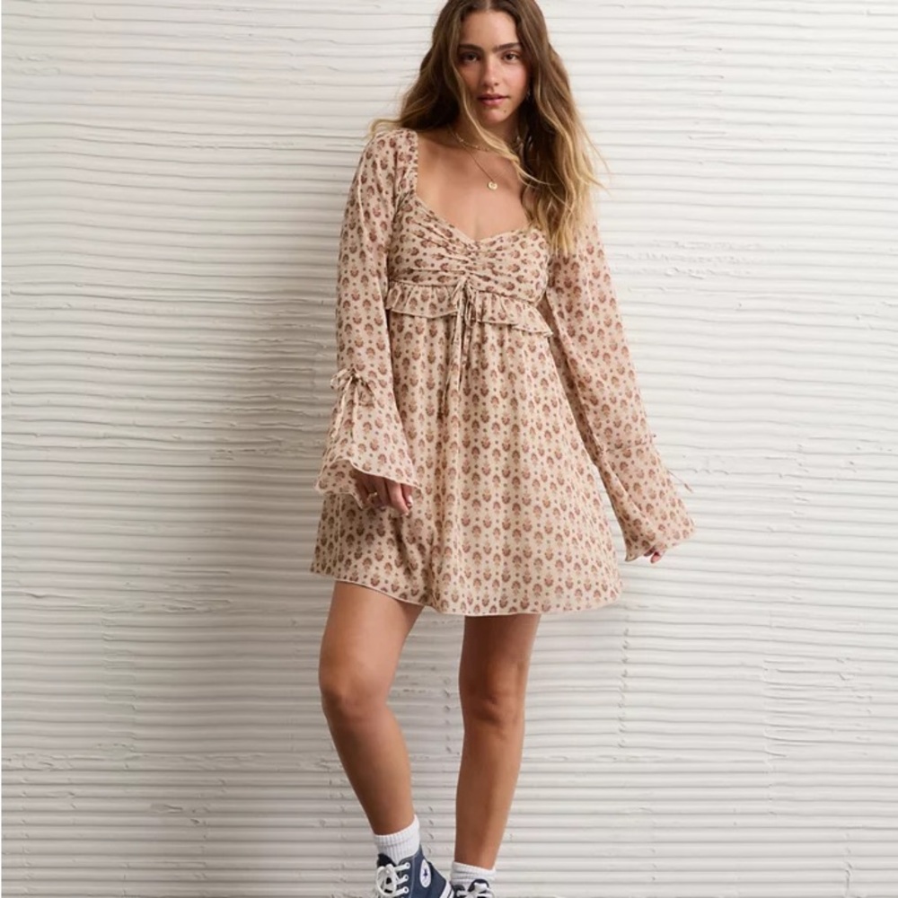 American Eagle Long Sleeve Brown Babydoll Mini Dress Women’s Size Small